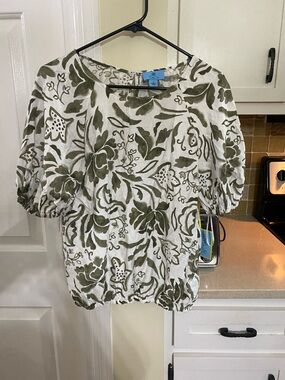 CeCe White Top with Olive Floral Print and Puff Sleeves